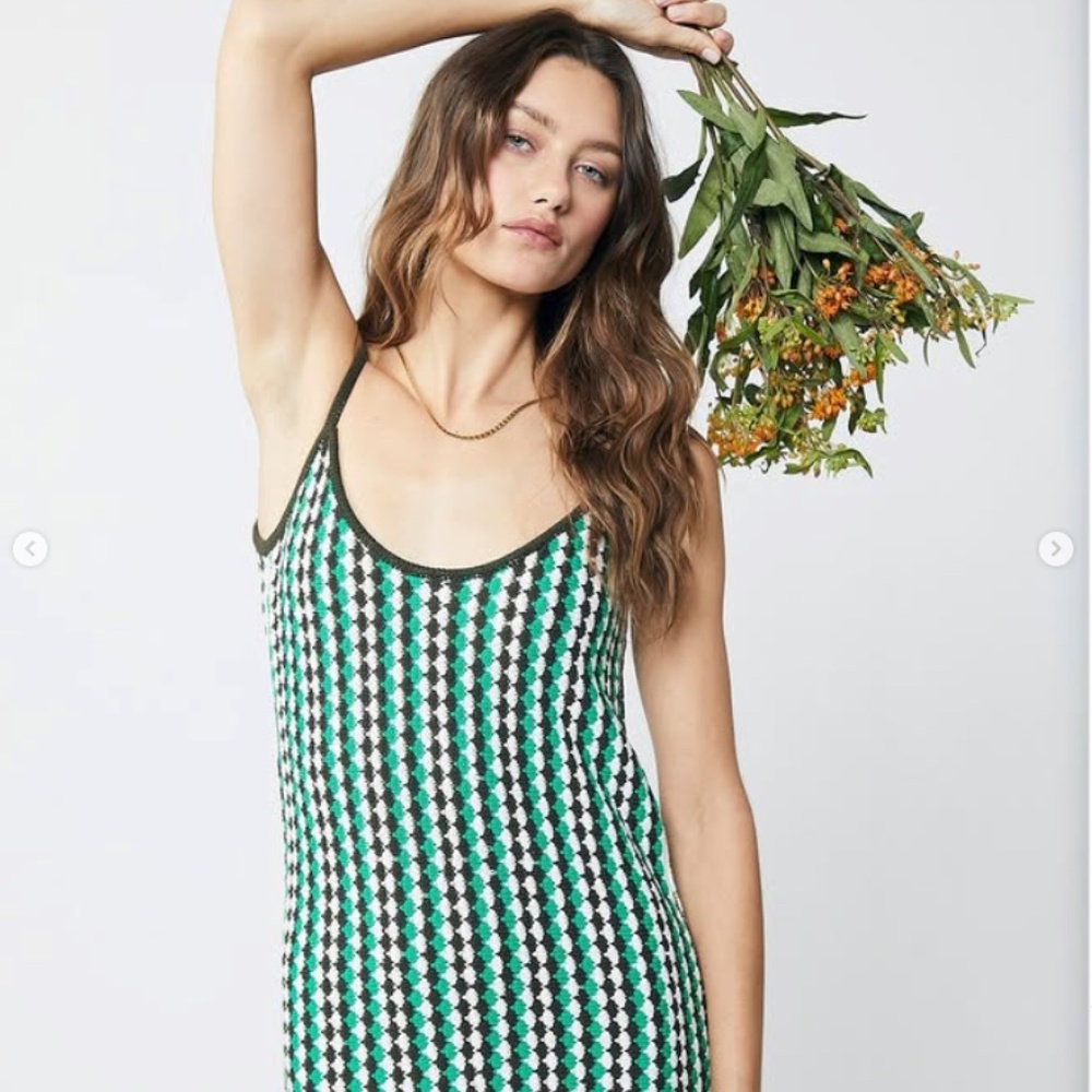 Rue Stiic Naya Boho Green Knit Crochet Dress | Free People Inspired